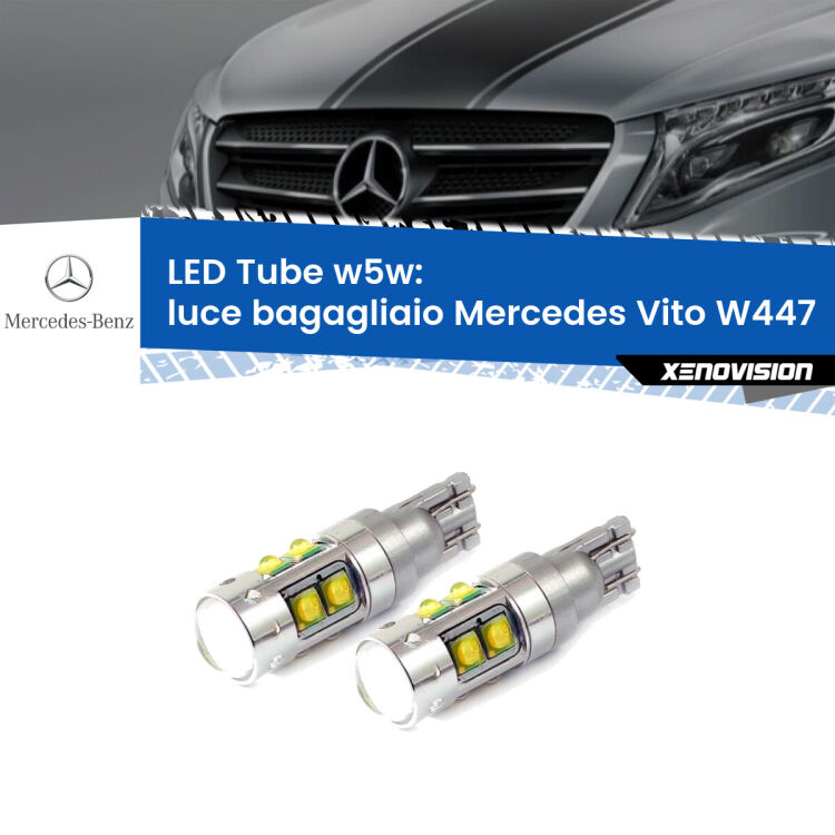 0 Luce Bagagliaio LED W5W Mercedes Vito W447 2014 in poi W5W Tube <strong>Luce Bagagliaio LED 6000k per Mercedes Vito</strong> W447 2014 in poi. Lampadine <strong>W5W</strong> canbus modello Tube, luce bianco lunare, lunga durata e compatibilità.