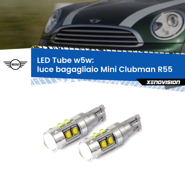 0 Luce Bagagliaio LED W5W Mini Clubman R55 2007 - 2015 W5W Tube <strong>Luce Bagagliaio LED 6000k per Mini Clubman</strong> R55 2007 - 2015. Lampadine <strong>W5W</strong> canbus modello Tube, luce bianco lunare, lunga durata e compatibilità.