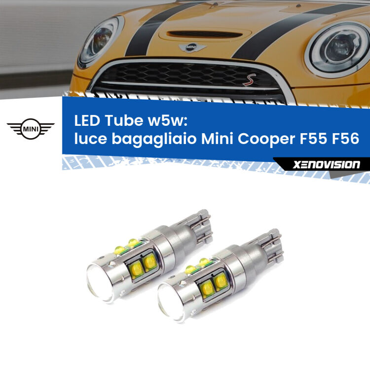 0 Luce Bagagliaio LED W5W Mini Cooper F55 F56 2013 - 2017 W5W Tube <strong>Luce Bagagliaio LED 6000k per Mini Cooper</strong> F55 F56 2013 - 2017. Lampadine <strong>W5W</strong> canbus modello Tube, luce bianco lunare, lunga durata e compatibilità.