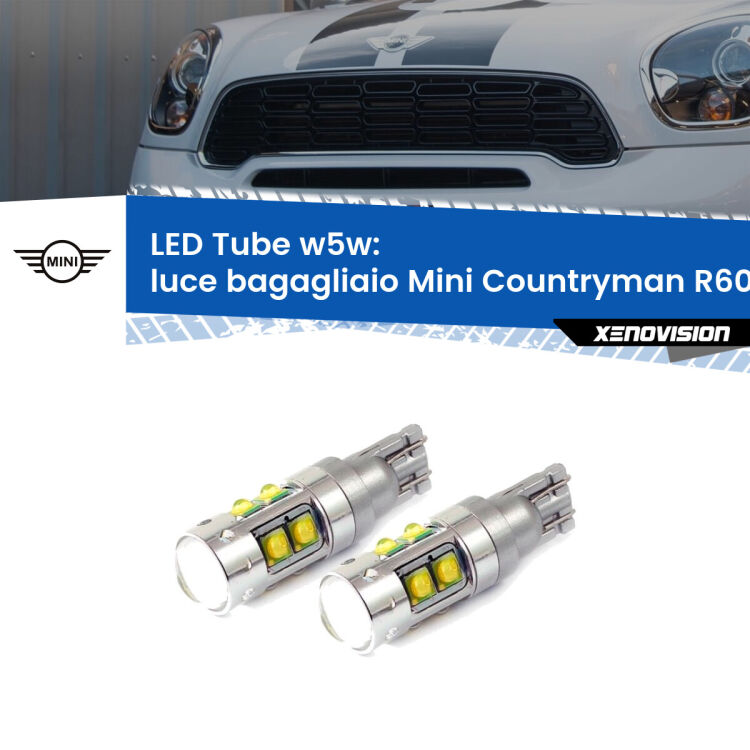 0 Luce Bagagliaio LED W5W Mini Countryman R60 2010 - 2016 W5W Tube <strong>Luce Bagagliaio LED 6000k per Mini Countryman</strong> R60 2010 - 2016. Lampadine <strong>W5W</strong> canbus modello Tube, luce bianco lunare, lunga durata e compatibilità.
