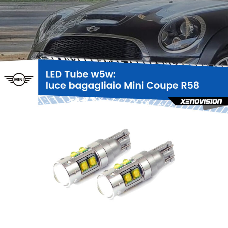 0 Luce Bagagliaio LED W5W Mini Coupe R58 2011 - 2015 W5W Tube <strong>Luce Bagagliaio LED 6000k per Mini Coupe</strong> R58 2011 - 2015. Lampadine <strong>W5W</strong> canbus modello Tube, luce bianco lunare, lunga durata e compatibilità.