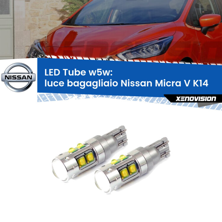0 Luce Bagagliaio LED W5W Nissan Micra V K14 2016 in poi W5W Tube <strong>Luce Bagagliaio LED 6000k per Nissan Micra V</strong> K14 2016 in poi. Lampadine <strong>W5W</strong> canbus modello Tube, luce bianco lunare, lunga durata e compatibilità.