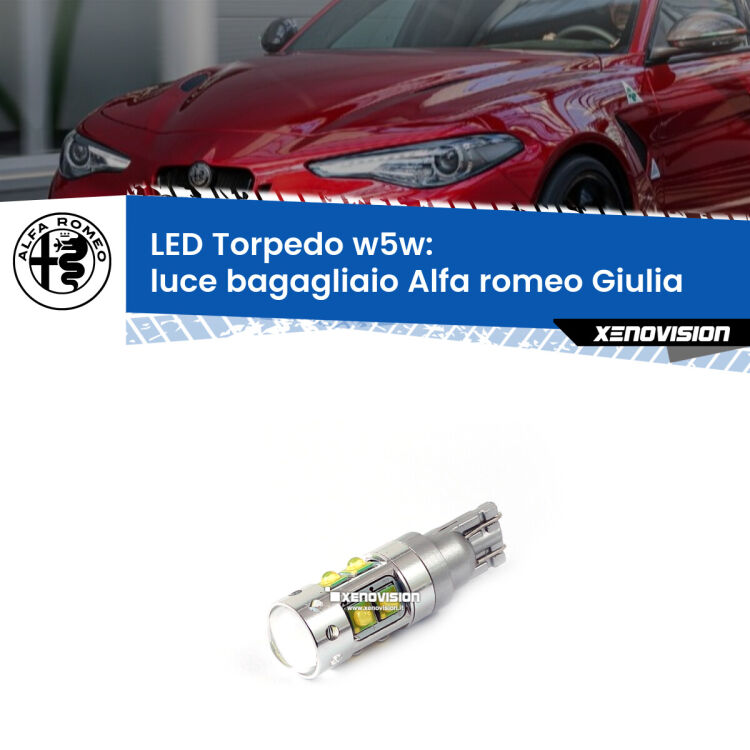 <strong>Luce Bagagliaio LED 6000k per Alfa romeo Giulia</strong>  2015 in poi. Lampadine <strong>W5W</strong> canbus modello Torpedo.