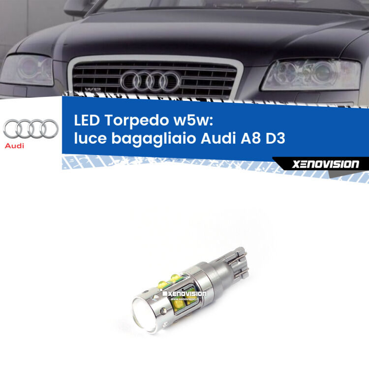 <strong>Luce Bagagliaio LED 6000k per Audi A8</strong> D3 2002 - 2009. Lampadine <strong>W5W</strong> canbus modello Torpedo.