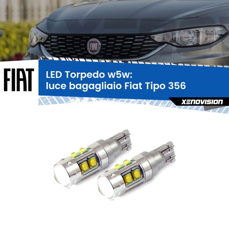 0 Luce Bagagliaio LED W5W Fiat Tipo 356 2015 in poi W5W Tube <strong>Luce Bagagliaio LED 6000k per Fiat Tipo</strong> 356 2015 in poi. Lampadine <strong>W5W</strong> canbus modello Tube, luce bianco lunare, lunga durata e compatibilità.