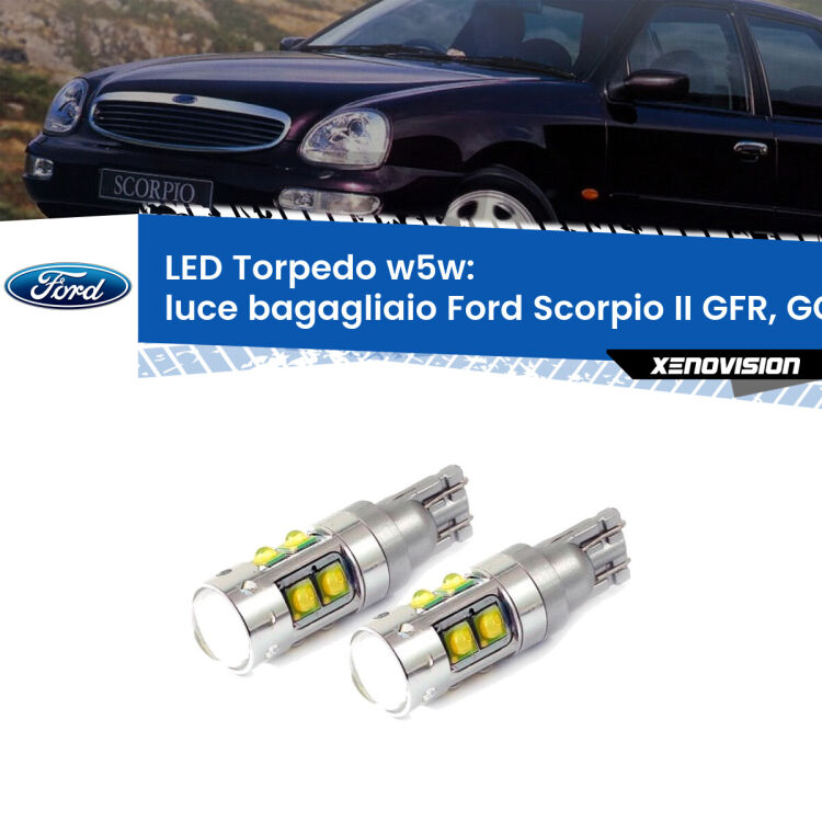 0 Luce Bagagliaio LED W5W Ford Scorpio II GFR, GGR 1994 - 1998 W5W Tube <strong>Luce Bagagliaio LED 6000k per Ford Scorpio II</strong> GFR, GGR 1994 - 1998. Lampadine <strong>W5W</strong> canbus modello Tube, luce bianco lunare, lunga durata e compatibilità.
