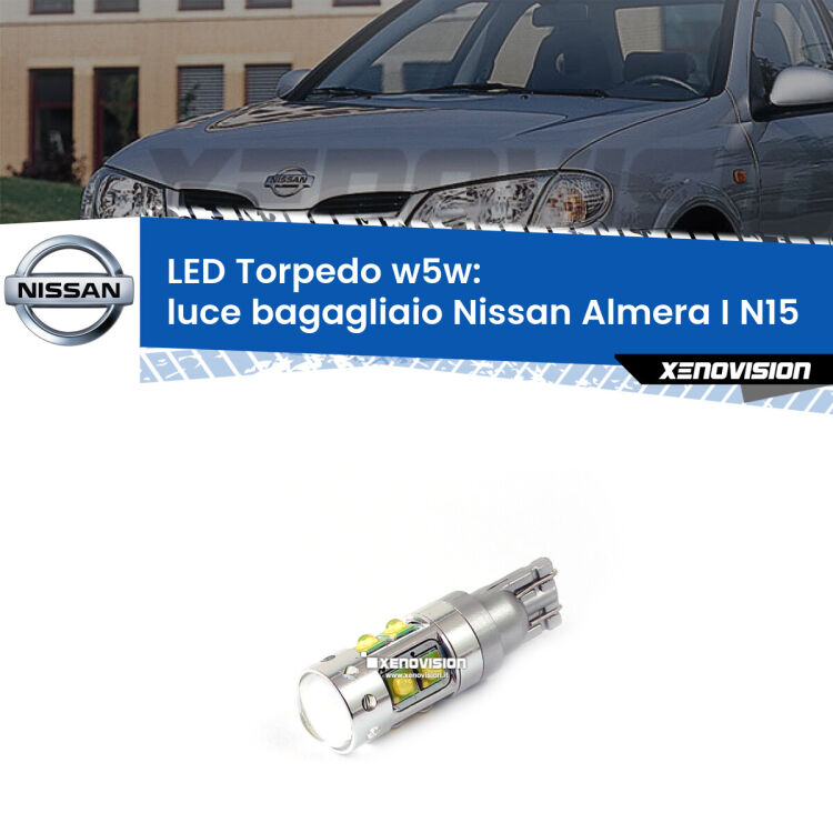 <strong>Luce Bagagliaio LED 6000k per Nissan Almera I</strong> N15 1995 - 2000. Lampadine <strong>W5W</strong> canbus modello Torpedo.
