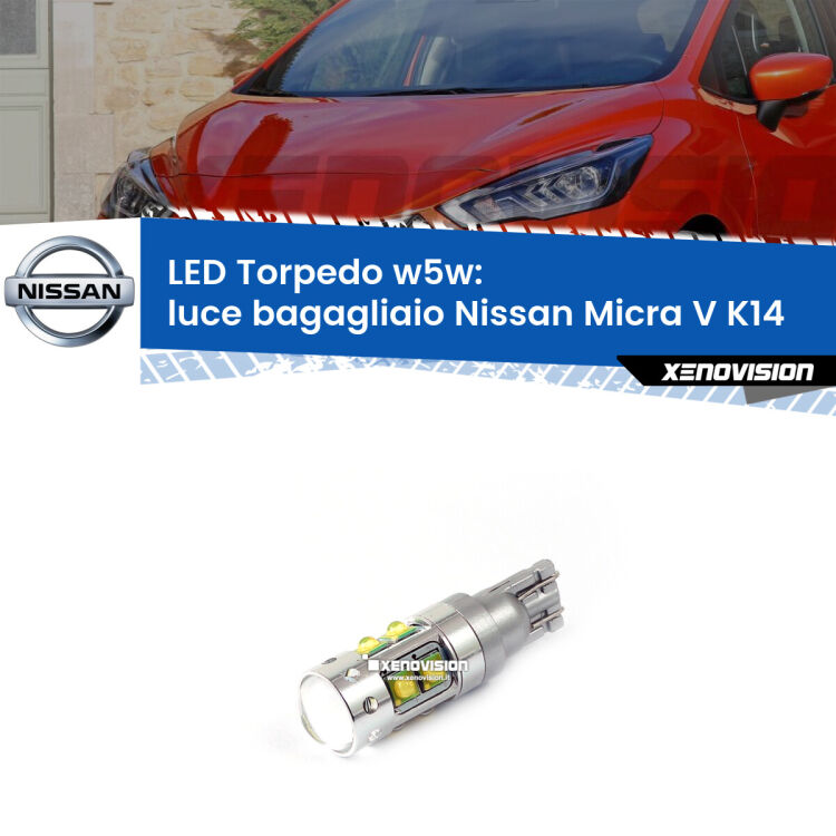 <strong>Luce Bagagliaio LED 6000k per Nissan Micra V</strong> K14 2016 in poi. Lampadine <strong>W5W</strong> canbus modello Torpedo.