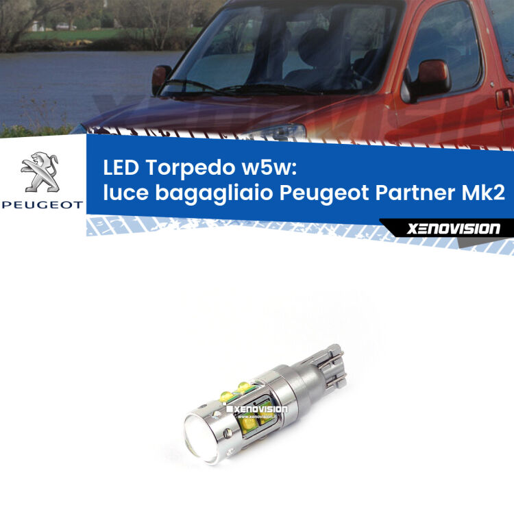 <strong>Luce Bagagliaio LED 6000k per Peugeot Partner</strong> Mk2 2008 - 2016. Lampadine <strong>W5W</strong> canbus modello Torpedo.