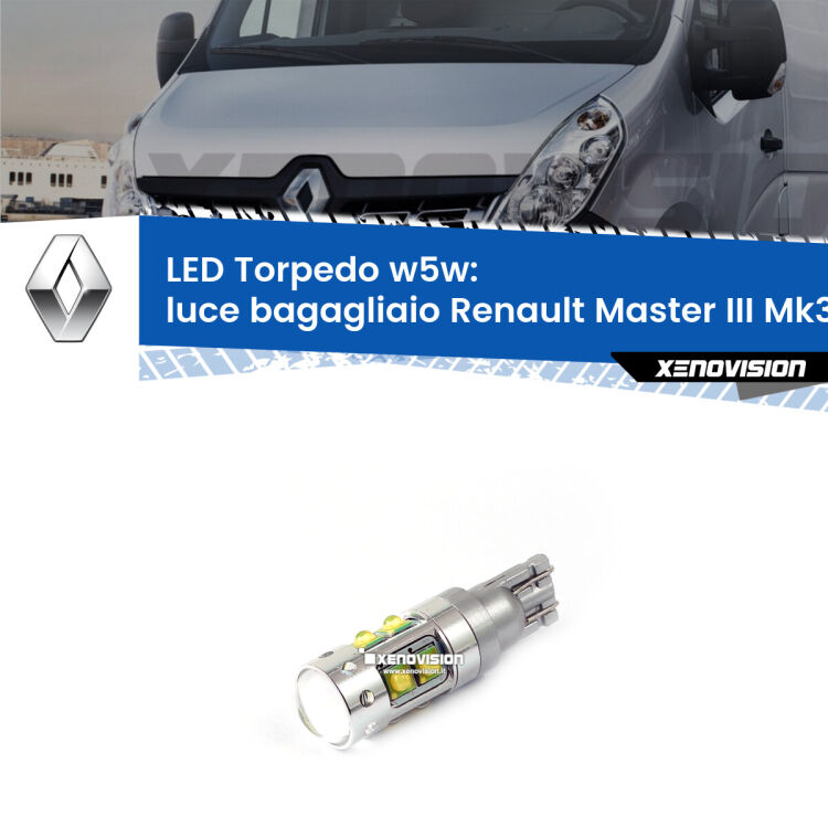 <strong>Luce Bagagliaio LED 6000k per Renault Master III</strong> Mk3 2010 in poi. Lampadine <strong>W5W</strong> canbus modello Torpedo.