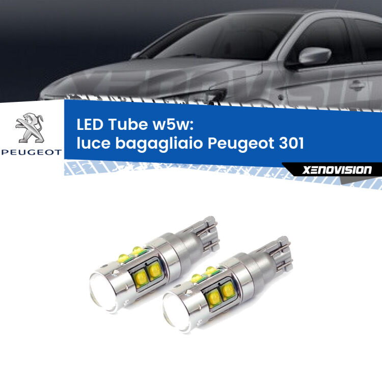 0 Luce Bagagliaio LED W5W Peugeot 301 2012 - 2017 W5W Tube <strong>Luce Bagagliaio LED 6000k per Peugeot 301</strong> 2012 - 2017. Lampadine <strong>W5W</strong> canbus modello Tube, luce bianco lunare, lunga durata e compatibilità.