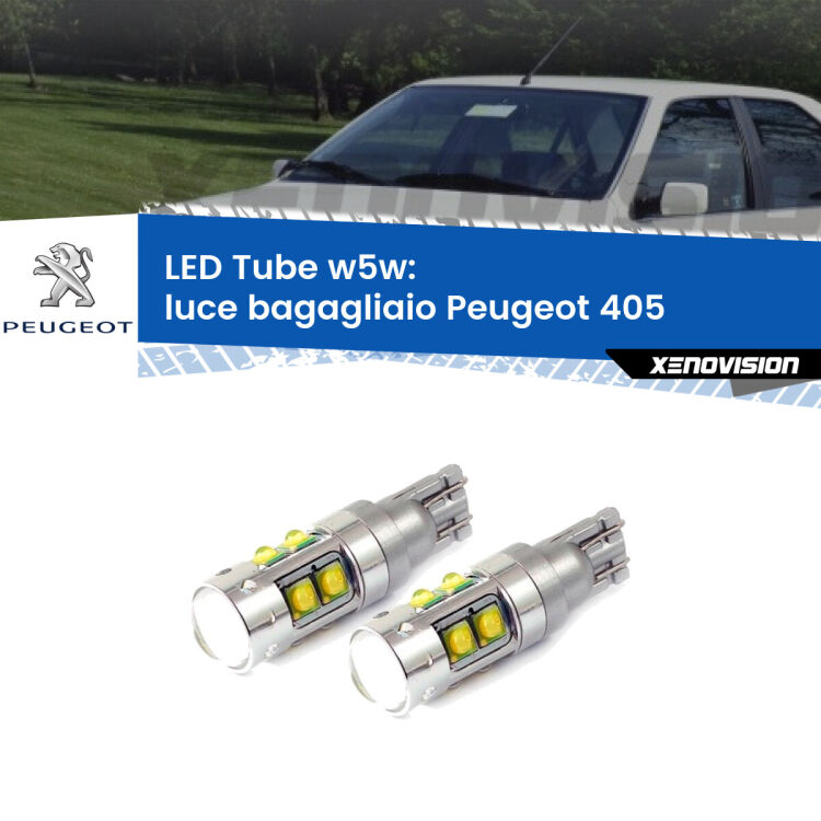0 Luce Bagagliaio LED W5W Peugeot 405 1987 - 1997 W5W Tube <strong>Luce Bagagliaio LED 6000k per Peugeot 405</strong> 1987 - 1997. Lampadine <strong>W5W</strong> canbus modello Tube, luce bianco lunare, lunga durata e compatibilità.