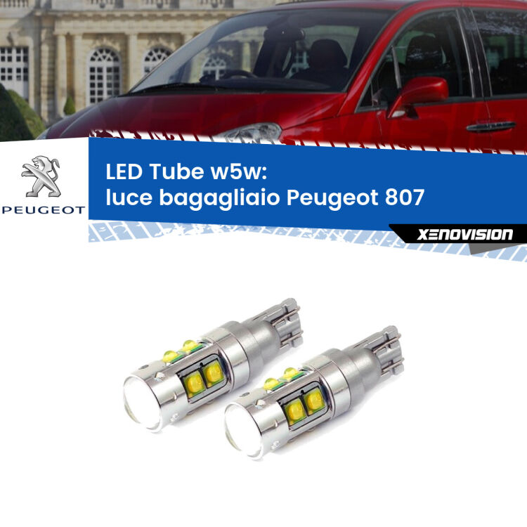0 Luce Bagagliaio LED W5W Peugeot 807 2002 - 2010 W5W Tube <strong>Luce Bagagliaio LED 6000k per Peugeot 807</strong> 2002 - 2010. Lampadine <strong>W5W</strong> canbus modello Tube, luce bianco lunare, lunga durata e compatibilità.