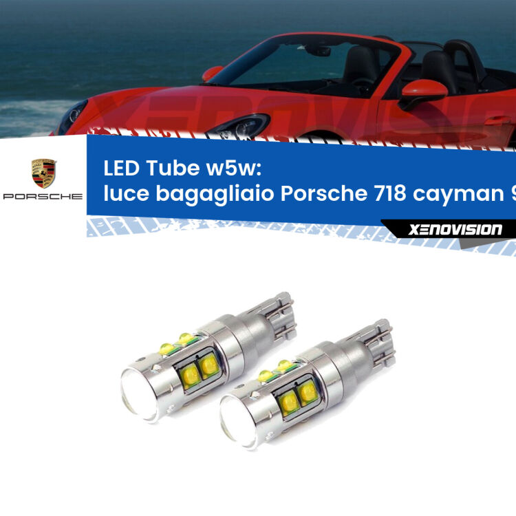 0 Luce Bagagliaio LED W5W Porsche 718 cayman 982 2016 in poi W5W Tube <strong>Luce Bagagliaio LED 6000k per Porsche 718 cayman</strong> 982 2016 in poi. Lampadine <strong>W5W</strong> canbus modello Tube, luce bianco lunare, lunga durata e compatibilità.