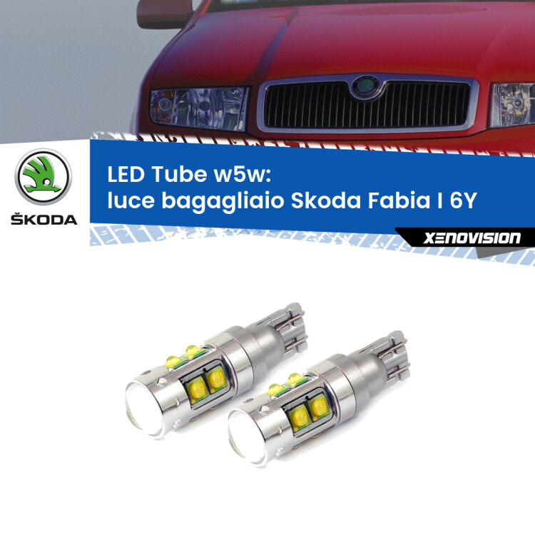 0 Luce Bagagliaio LED W5W Skoda Fabia I 6Y 2006 - 2006 W5W Tube <strong>Luce Bagagliaio LED 6000k per Skoda Fabia I</strong> 6Y 2006 - 2006. Lampadine <strong>W5W</strong> canbus modello Tube, luce bianco lunare, lunga durata e compatibilità.