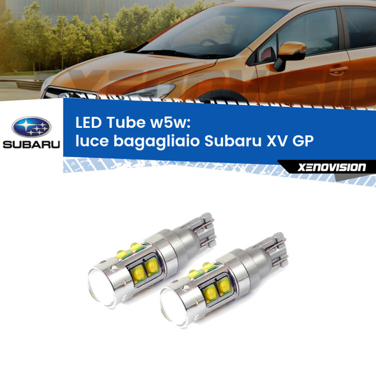 0 Luce Bagagliaio LED W5W Subaru XV GP 2012 - 2016 W5W Tube <strong>Luce Bagagliaio LED 6000k per Subaru XV</strong> GP 2012 - 2016. Lampadine <strong>W5W</strong> canbus modello Tube, luce bianco lunare, lunga durata e compatibilità.