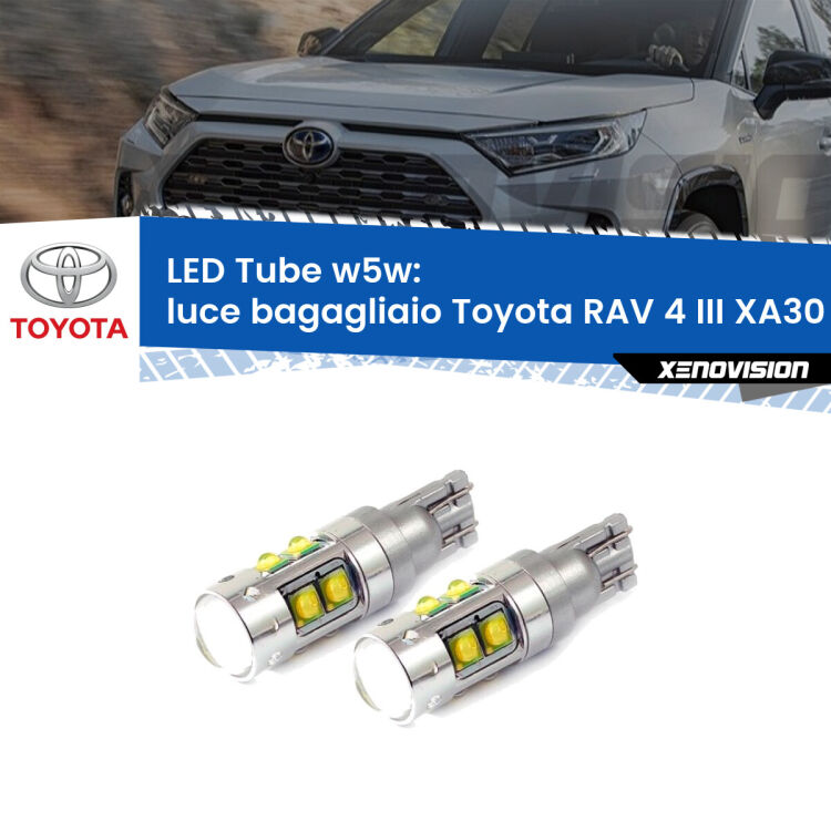 0 Luce Bagagliaio LED W5W Toyota RAV 4 III XA30 2005 - 2014 W5W Tube <strong>Luce Bagagliaio LED 6000k per Toyota RAV 4 III</strong> XA30 2005 - 2014. Lampadine <strong>W5W</strong> canbus modello Tube, luce bianco lunare, lunga durata e compatibilità.