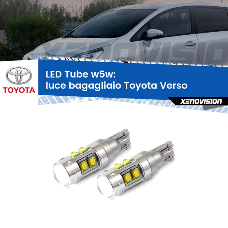 0 Luce Bagagliaio LED W5W Toyota Verso 2009 - 2018 W5W Tube <strong>Luce Bagagliaio LED 6000k per Toyota Verso</strong> 2009 - 2018. Lampadine <strong>W5W</strong> canbus modello Tube, luce bianco lunare, lunga durata e compatibilità.