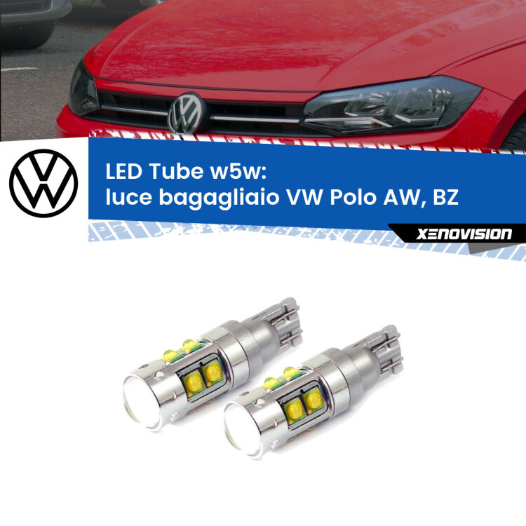 0 Luce Bagagliaio LED W5W VW Polo AW, BZ 2017 in poi W5W Tube <strong>Luce Bagagliaio LED 6000k per VW Polo</strong> AW, BZ 2017 in poi. Lampadine <strong>W5W</strong> canbus modello Tube, luce bianco lunare, lunga durata e compatibilità.