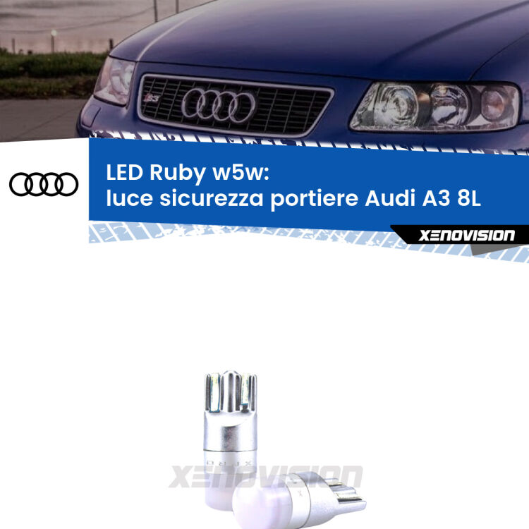 0 Luce Sicurezza Portiere LED Audi A3 8L 1996 - 2003: w5w Ruby <strong>Luce Sicurezza Portiere LED per Audi A3</strong> 8L 1996 - 2003: coppia led T10 a illuminazione Rossa a 360 gradi. Si inseriscono ovunque. Canbus, Top Quality.