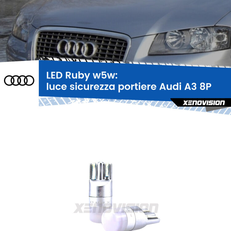 0 Luce Sicurezza Portiere LED Audi A3 8P 2003 - 2012: w5w Ruby <strong>Luce Sicurezza Portiere LED per Audi A3</strong> 8P 2003 - 2012: coppia led T10 a illuminazione Rossa a 360 gradi. Si inseriscono ovunque. Canbus, Top Quality.