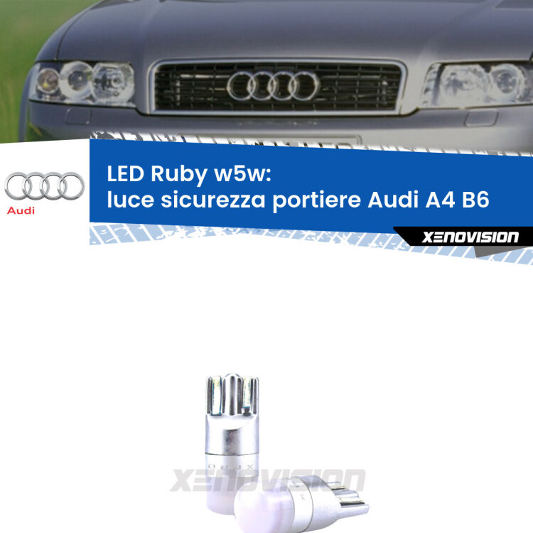 <strong>Luce Sicurezza Portiere LED per Audi A4</strong> B6 2000 - 2004: coppia led T10 a illuminazione Rossa a 360 gradi. Si inseriscono ovunque. Canbus, Top Quality.