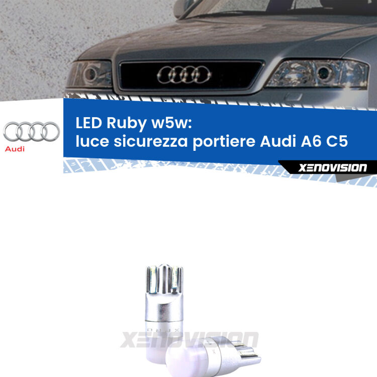 <strong>Luce Sicurezza Portiere LED per Audi A6</strong> C5 1997 - 2004: coppia led T10 a illuminazione Rossa a 360 gradi. Si inseriscono ovunque. Canbus, Top Quality.