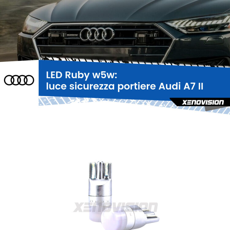 0 Luce Sicurezza Portiere LED Audi A7 II 2019 in poi: w5w Ruby <strong>Luce Sicurezza Portiere LED per Audi A7</strong> II 2019 in poi: coppia led T10 a illuminazione Rossa a 360 gradi. Si inseriscono ovunque. Canbus, Top Quality.