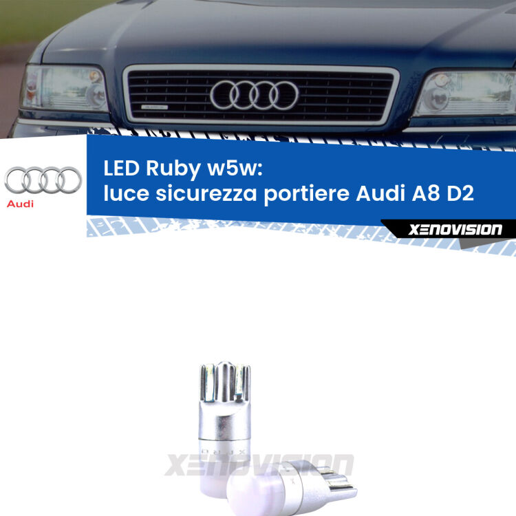 <strong>Luce Sicurezza Portiere LED per Audi A8</strong> D2 1994 - 2002: coppia led T10 a illuminazione Rossa a 360 gradi. Si inseriscono ovunque. Canbus, Top Quality.