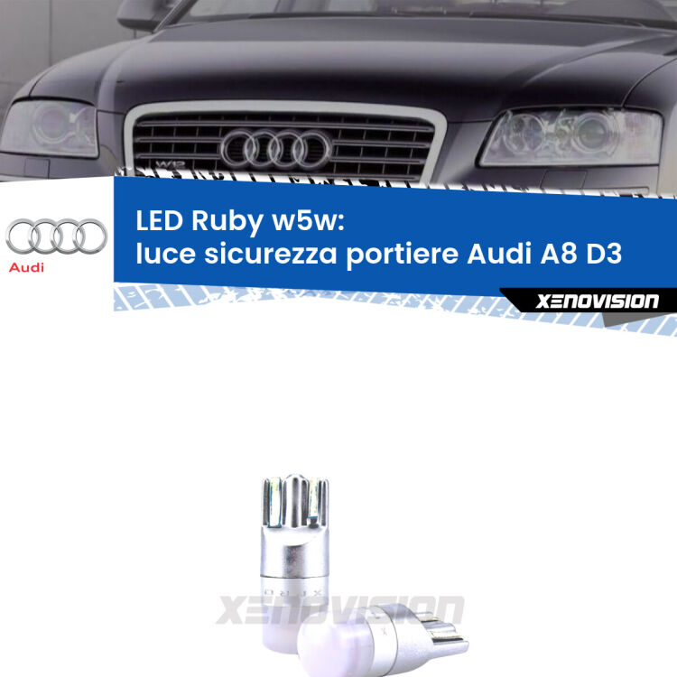 <strong>Luce Sicurezza Portiere LED per Audi A8</strong> D3 2002 - 2009: coppia led T10 a illuminazione Rossa a 360 gradi. Si inseriscono ovunque. Canbus, Top Quality.
