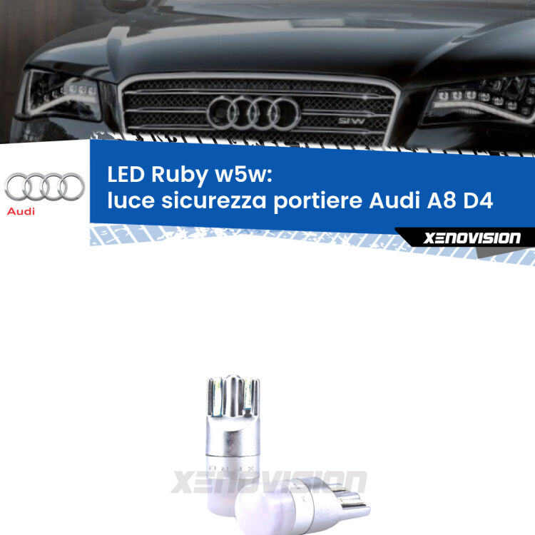 <strong>Luce Sicurezza Portiere LED per Audi A8</strong> D4 2009 - 2018: coppia led T10 a illuminazione Rossa a 360 gradi. Si inseriscono ovunque. Canbus, Top Quality.