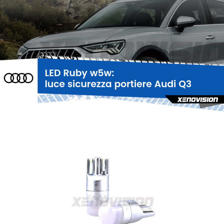 0 Luce Sicurezza Portiere LED Audi Q3  2011 - 2018: w5w Ruby <strong>Luce Sicurezza Portiere LED per Audi Q3</strong>  2011 - 2018: coppia led T10 a illuminazione Rossa a 360 gradi. Si inseriscono ovunque. Canbus, Top Quality.