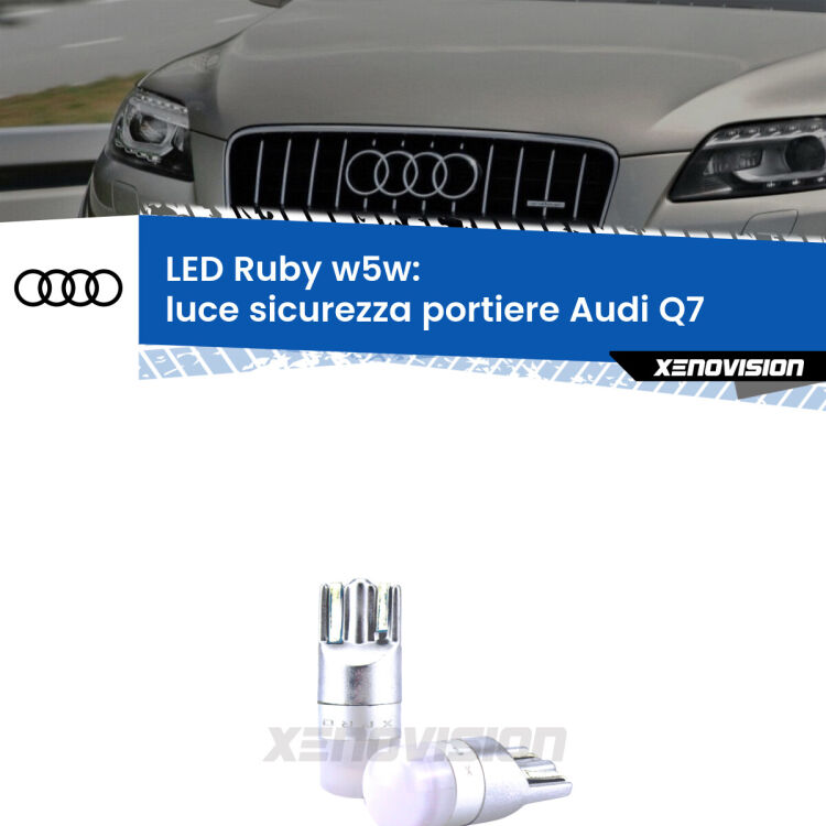 0 Luce Sicurezza Portiere LED Audi Q7 2006 - 2015: w5w Ruby <strong>Luce Sicurezza Portiere LED per Audi Q7</strong> 2006 - 2015: coppia led T10 a illuminazione Rossa a 360 gradi. Si inseriscono ovunque. Canbus, Top Quality.