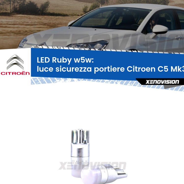 <strong>Luce Sicurezza Portiere LED per Citroen C5</strong> Mk3 2008 - 2014: coppia led T10 a illuminazione Rossa a 360 gradi. Si inseriscono ovunque. Canbus, Top Quality.