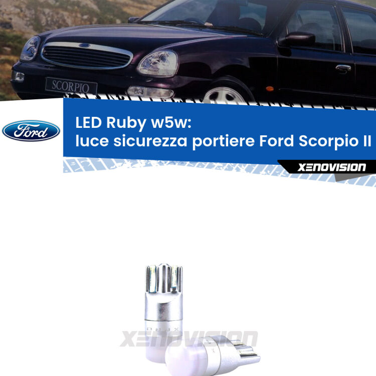 <strong>Luce Sicurezza Portiere LED per Ford Scorpio II</strong> GFR, GGR 1994 - 1998: coppia led T10 a illuminazione Rossa a 360 gradi. Si inseriscono ovunque. Canbus, Top Quality.