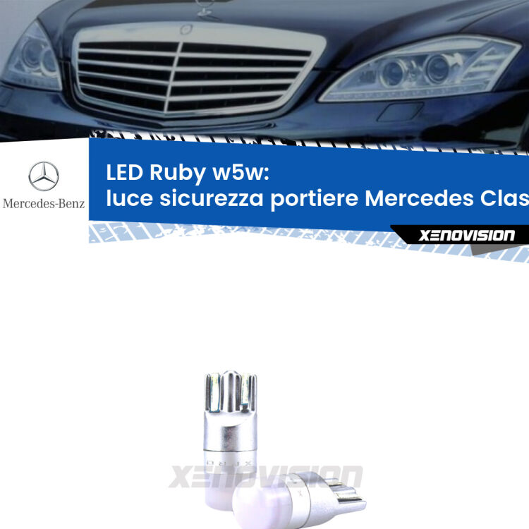 <strong>Luce Sicurezza Portiere LED per Mercedes Classe-S</strong> W221 2005 - 2013: coppia led T10 a illuminazione Rossa a 360 gradi. Si inseriscono ovunque. Canbus, Top Quality.