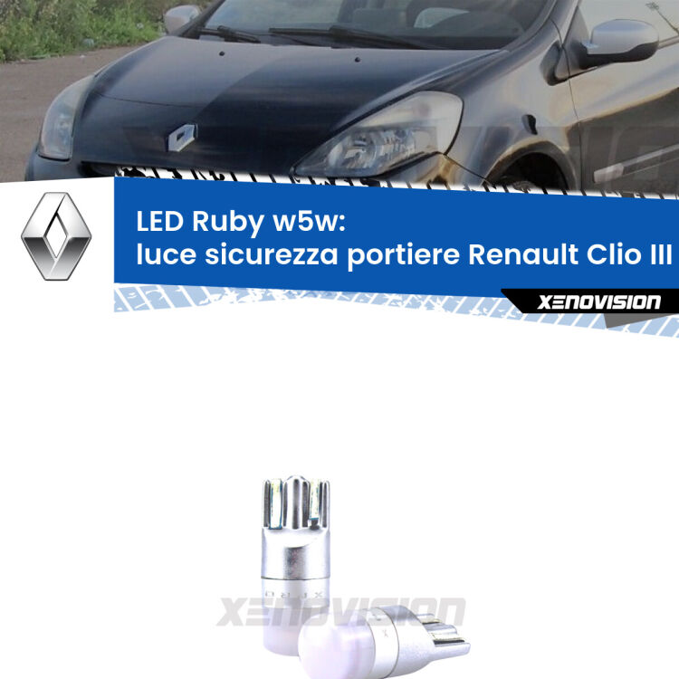 0 Luce Sicurezza Portiere LED Renault Clio III 2005 - 2011: w5w Ruby <strong>Luce Sicurezza Portiere LED per Renault Clio III</strong> 2005 - 2011: coppia led T10 a illuminazione Rossa a 360 gradi. Si inseriscono ovunque. Canbus, Top Quality.