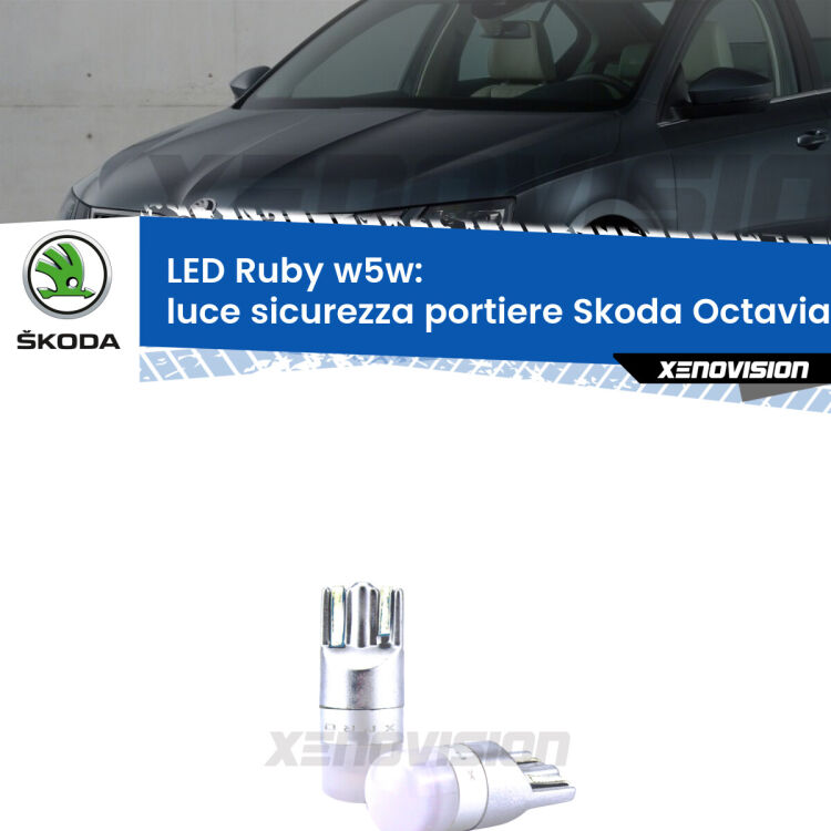 <strong>Luce Sicurezza Portiere LED per Skoda Octavia III</strong> 5E 2012 - 2018: coppia led T10 a illuminazione Rossa a 360 gradi. Si inseriscono ovunque. Canbus, Top Quality.