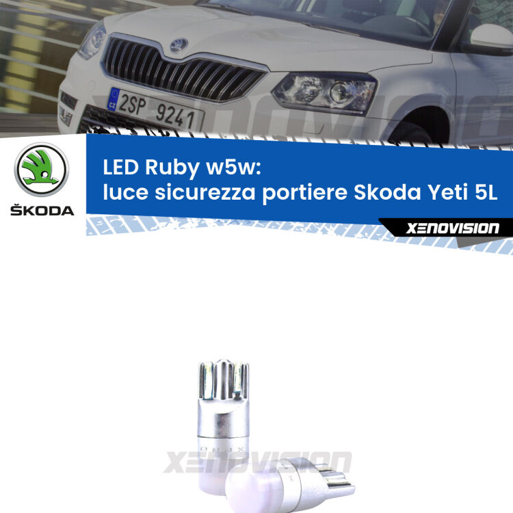 <strong>Luce Sicurezza Portiere LED per Skoda Yeti</strong> 5L 2009 - 2017: coppia led T10 a illuminazione Rossa a 360 gradi. Si inseriscono ovunque. Canbus, Top Quality.