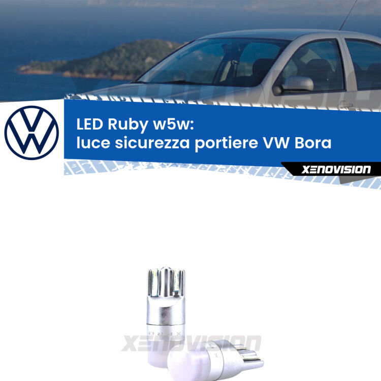 <strong>Luce Sicurezza Portiere LED per VW Bora</strong>  1999 - 2006: coppia led T10 a illuminazione Rossa a 360 gradi. Si inseriscono ovunque. Canbus, Top Quality.