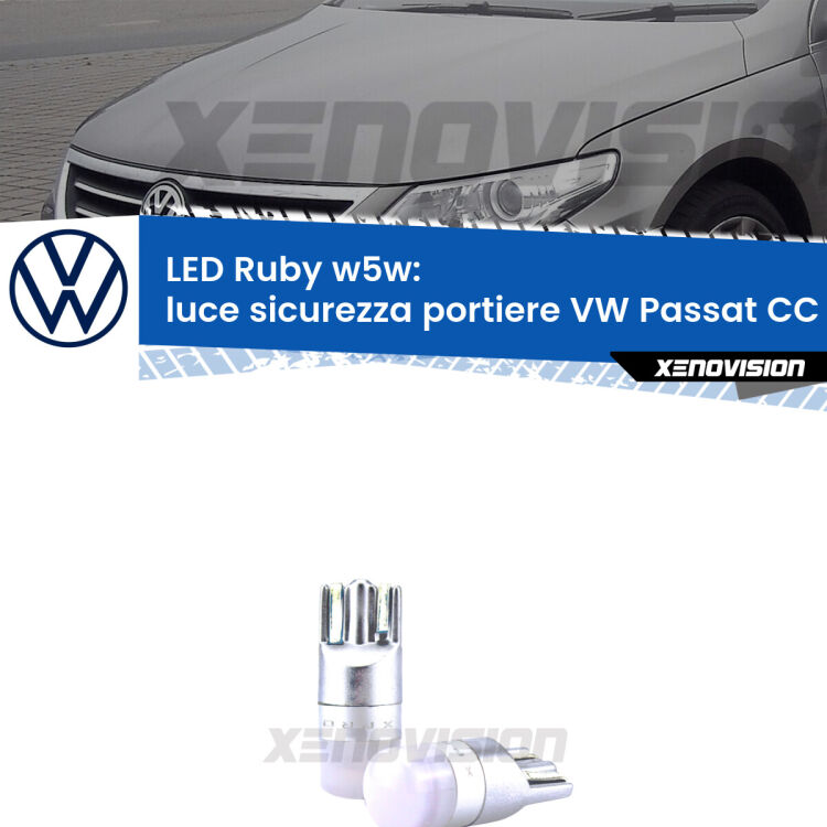 <strong>Luce Sicurezza Portiere LED per VW Passat CC</strong> 357 2008 - 2012: coppia led T10 a illuminazione Rossa a 360 gradi. Si inseriscono ovunque. Canbus, Top Quality.