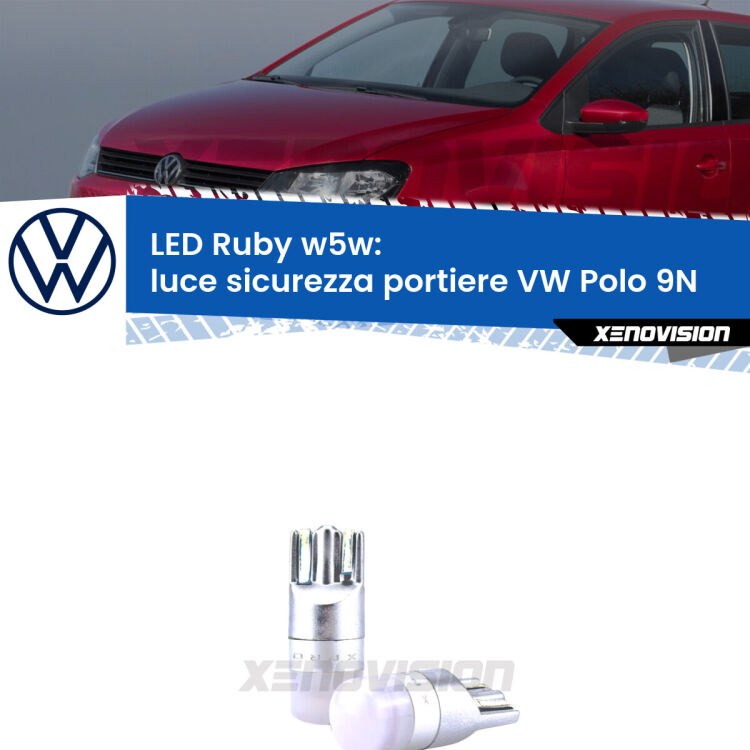 <strong>Luce Sicurezza Portiere LED per VW Polo</strong> 9N 2002 - 2008: coppia led T10 a illuminazione Rossa a 360 gradi. Si inseriscono ovunque. Canbus, Top Quality.
