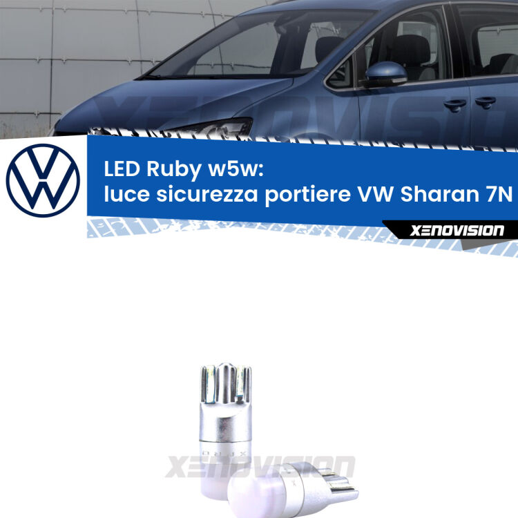 <strong>Luce Sicurezza Portiere LED per VW Sharan</strong> 7N 2010 - 2019: coppia led T10 a illuminazione Rossa a 360 gradi. Si inseriscono ovunque. Canbus, Top Quality.