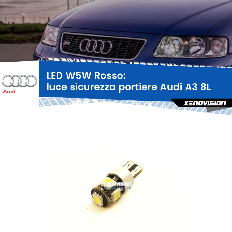 <strong>Luce Sicurezza Portiere LED rossa per Audi A3</strong> 8L 1996 - 2003. Lampada <strong>W5W</strong> canbus.