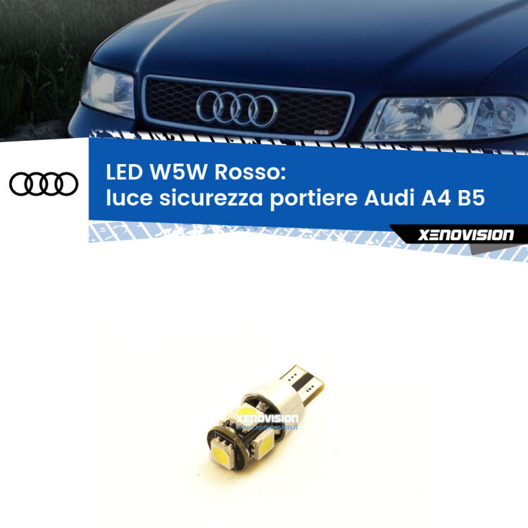 0 Luce Sicurezza Portiere LED W5W per Audi A4 B5 1994 - 2001 <strong>Luce Sicurezza Portiere LED rossa per Audi A4</strong> B5 1994 - 2001. Lampada <strong>W5W</strong> canbus.