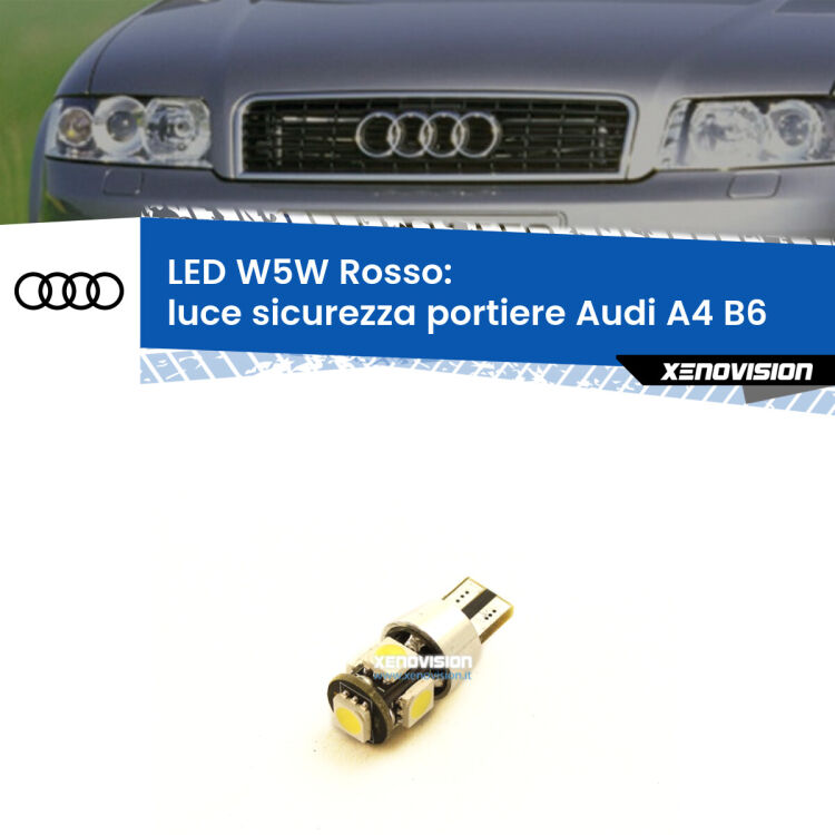 0 Luce Sicurezza Portiere LED W5W per Audi A4 B6 2000 - 2004 <strong>Luce Sicurezza Portiere LED rossa per Audi A4</strong> B6 2000 - 2004. Lampada <strong>W5W</strong> canbus.