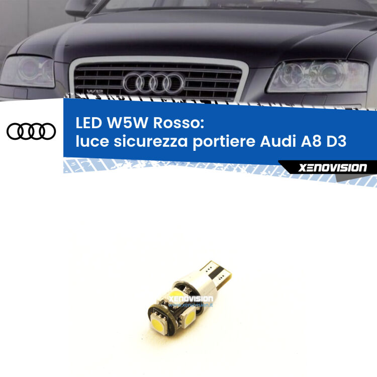 0 Luce Sicurezza Portiere LED W5W per Audi A8 D3 2002 - 2009 <strong>Luce Sicurezza Portiere LED rossa per Audi A8</strong> D3 2002 - 2009. Lampada <strong>W5W</strong> canbus.