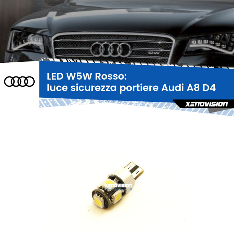 0 Luce Sicurezza Portiere LED W5W per Audi A8 D4 2009 - 2018 <strong>Luce Sicurezza Portiere LED rossa per Audi A8</strong> D4 2009 - 2018. Lampada <strong>W5W</strong> canbus.