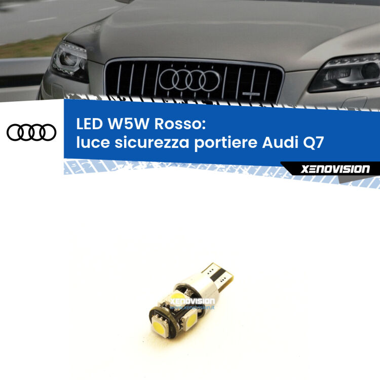 0 Luce Sicurezza Portiere LED W5W per Audi Q7 2006 - 2015 <strong>Luce Sicurezza Portiere LED rossa per Audi Q7</strong> 2006 - 2015. Lampada <strong>W5W</strong> canbus.