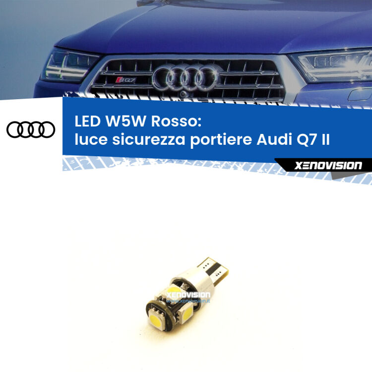 0 Luce Sicurezza Portiere LED W5W per Audi Q7 II 2015 in poi <strong>Luce Sicurezza Portiere LED rossa per Audi Q7</strong> II 2015 in poi. Lampada <strong>W5W</strong> canbus.